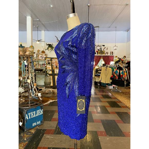 1980s beaded cocktail dress, cobalt blue silk, vintage formal, sheer chiffon, 27 - Picture 6 of 9